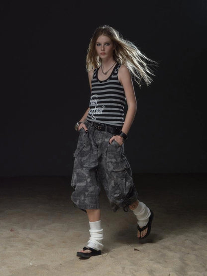 wear And tear Layered Stripe &amp; Mesh Tank Top