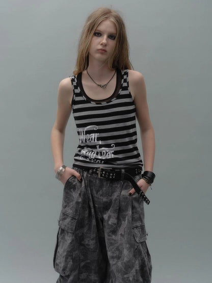 wear And tear Layered Stripe &amp; Mesh Tank Top