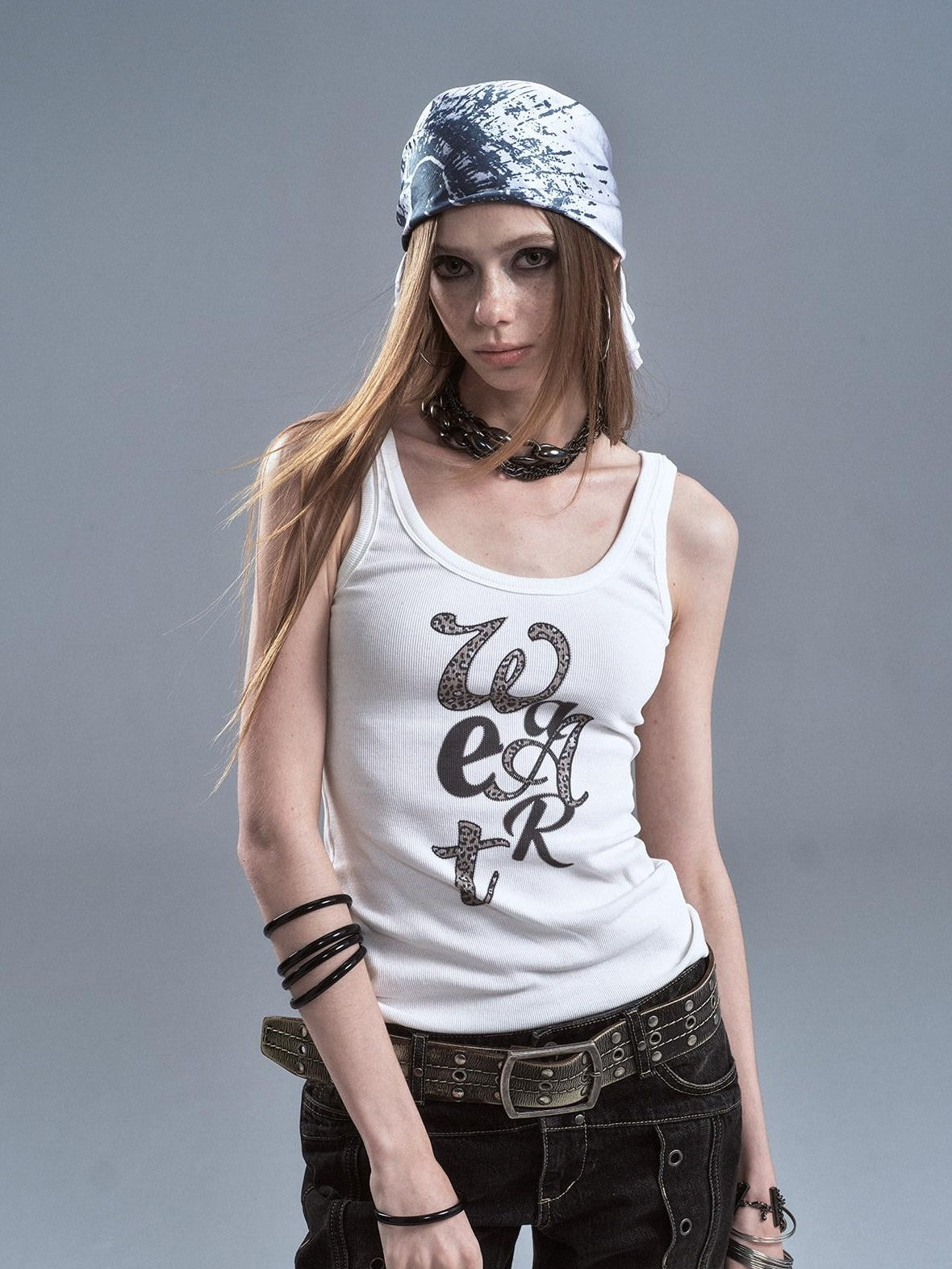 wear And tear Leopard Letter Digital Print Ribbed Texture Women&