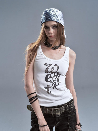 wear And tear Leopard Letter Digital Print Ribbed Texture Women&