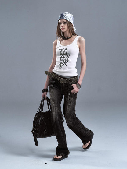 wear And tear Leopard Letter Digital Print Ribbed Texture Women&