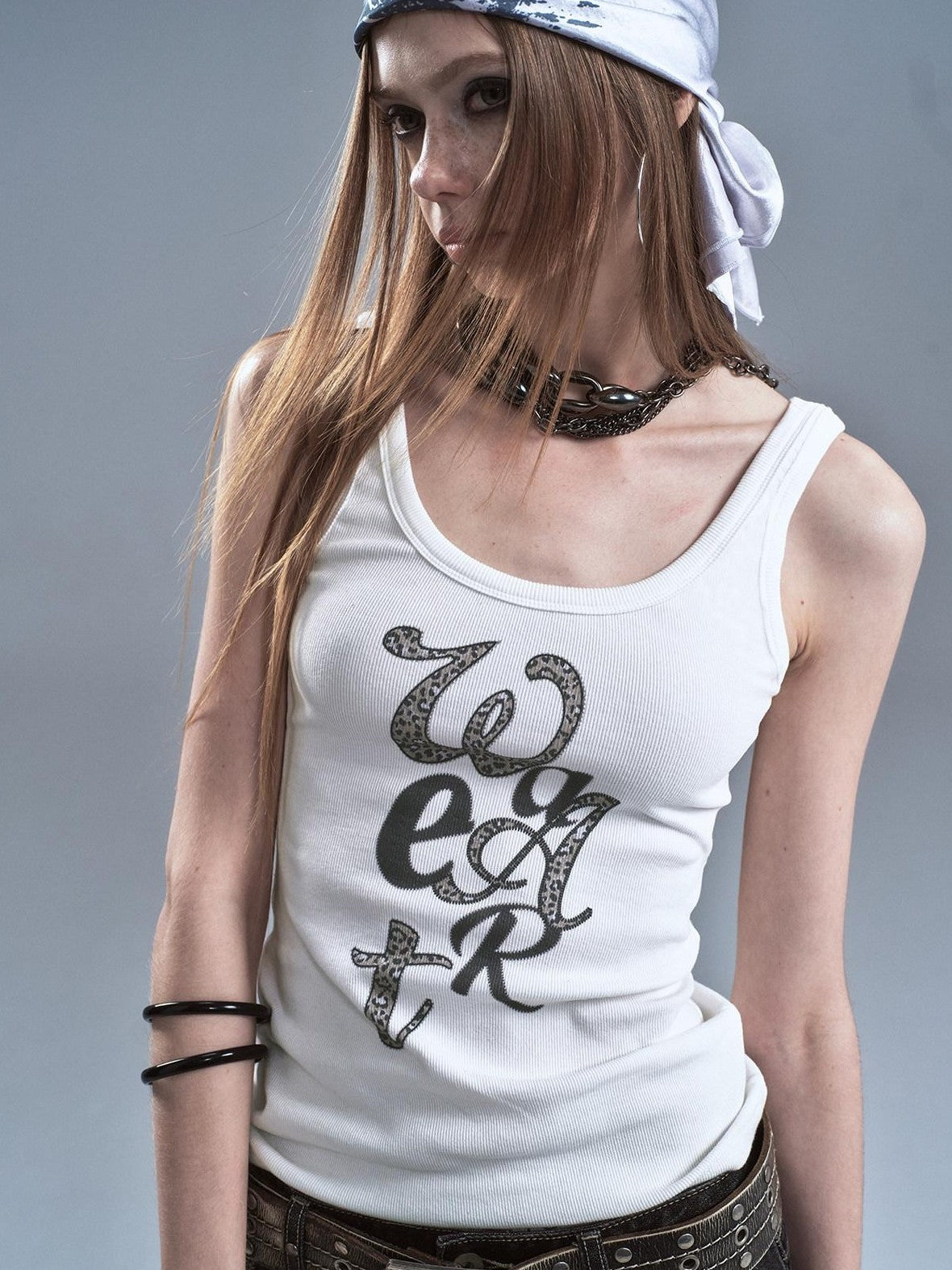 wear And tear Leopard Letter Digital Print Ribbed Texture Women&