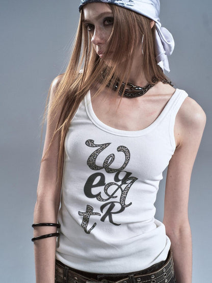 wear And tear Leopard Letter Digital Print Ribbed Texture Women&