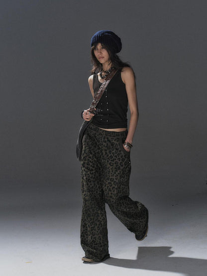 wear And tear Leopard Studded Frayed Split Women&