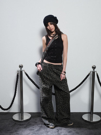 wear And tear Leopard Studded Frayed Split Women&