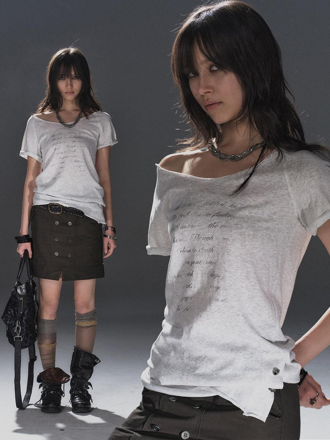 wear And tear Light Heather Gray Silver Print Cold Shoulder Women&