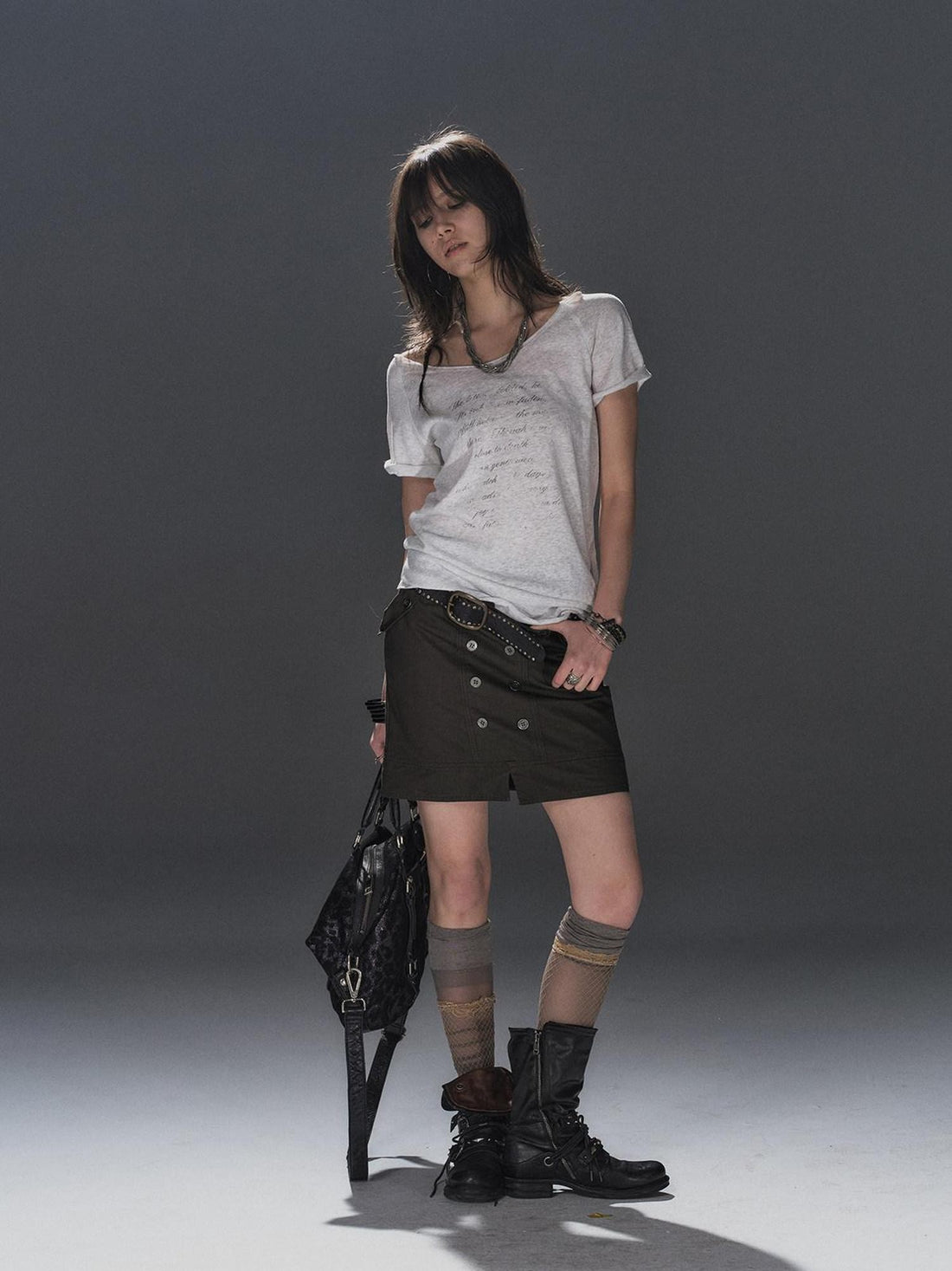 wear And tear Light Heather Gray Silver Print Cold Shoulder Women&