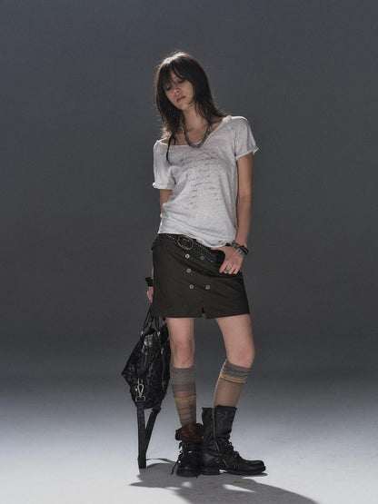 wear And tear Light Heather Gray Silver Print Cold Shoulder Women&