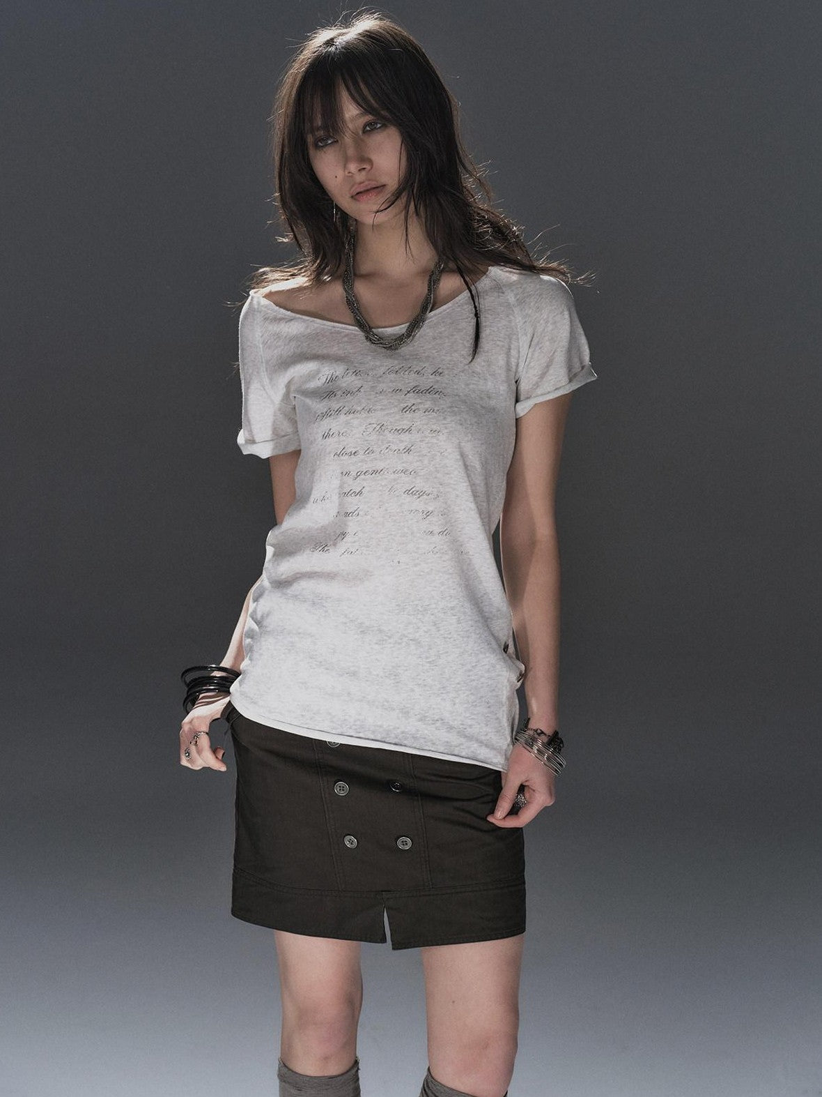 wear And tear Light Heather Gray Silver Print Cold Shoulder Women&
