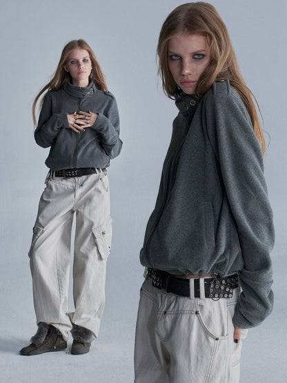 wear_And_tear_Loose_Fleece_Stand_Collar_Drawstring_Hem_Asymmetric_Women&