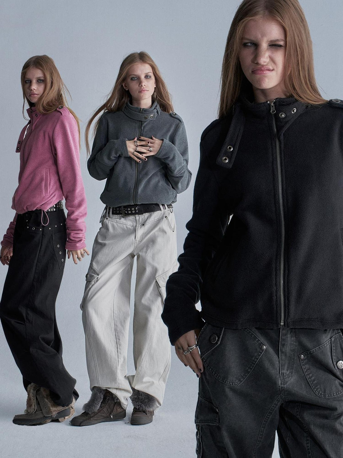 wear And tear Loose Fleece Stand Collar Drawstring Hem Asymmetric Women&
