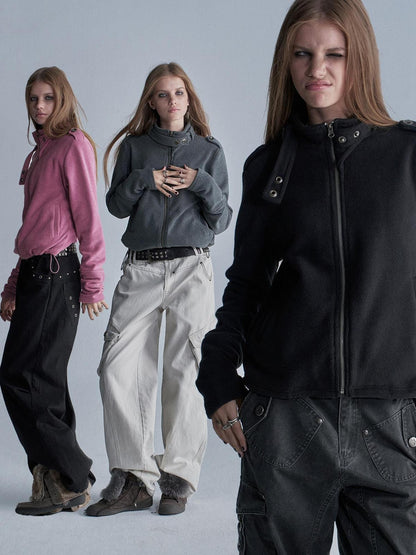 wear And tear Loose Fleece Stand Collar Drawstring Hem Asymmetric Women&
