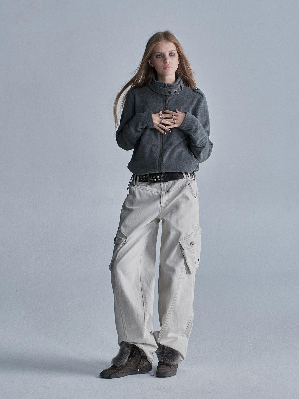 wear And tear Loose Fleece Stand Collar Drawstring Hem Asymmetric Women&