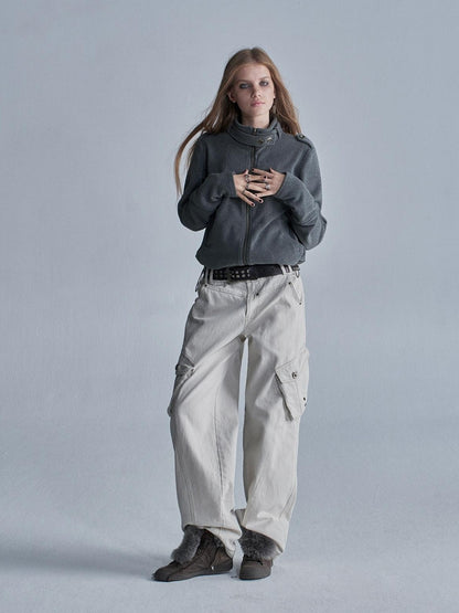 wear And tear Loose Fleece Stand Collar Drawstring Hem Asymmetric Women&