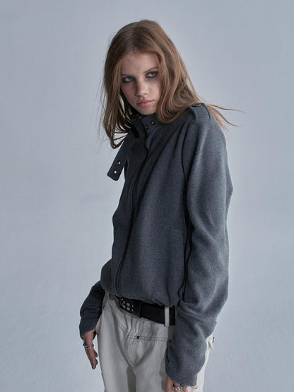 wear And tear Loose Fleece Stand Collar Drawstring Hem Asymmetric Women&