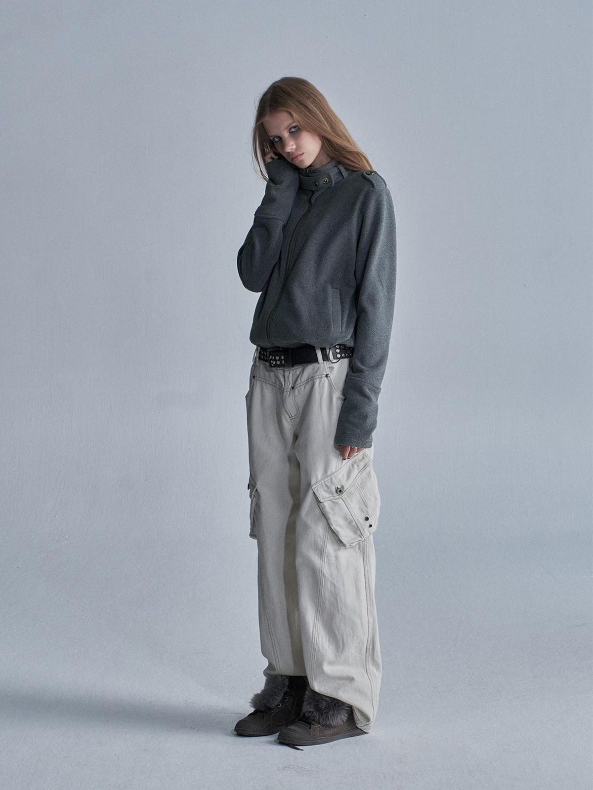wear And tear Loose Fleece Stand Collar Drawstring Hem Asymmetric Women&