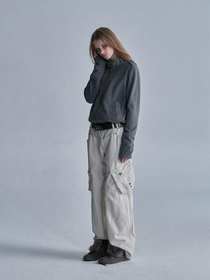 wear And tear Loose Fleece Stand Collar Drawstring Hem Asymmetric Women&