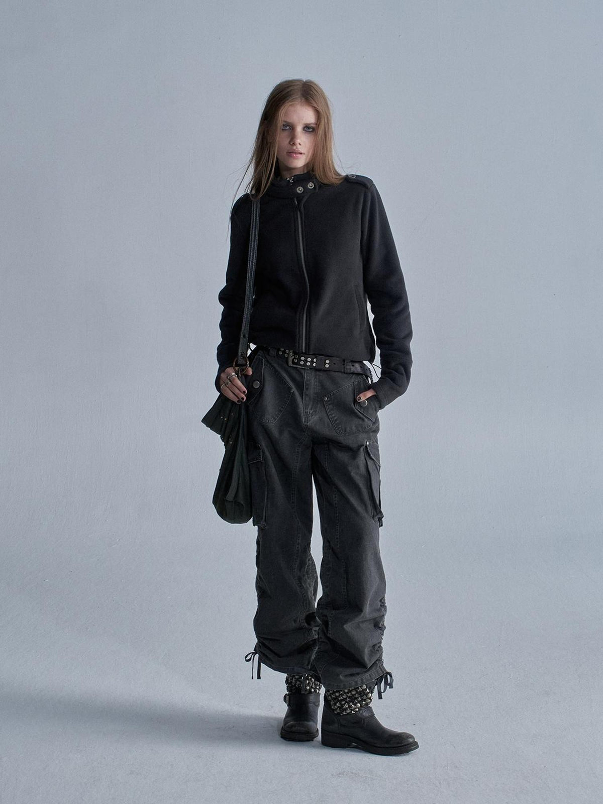 wear And tear Loose Fleece Stand Collar Drawstring Hem Asymmetric Women&