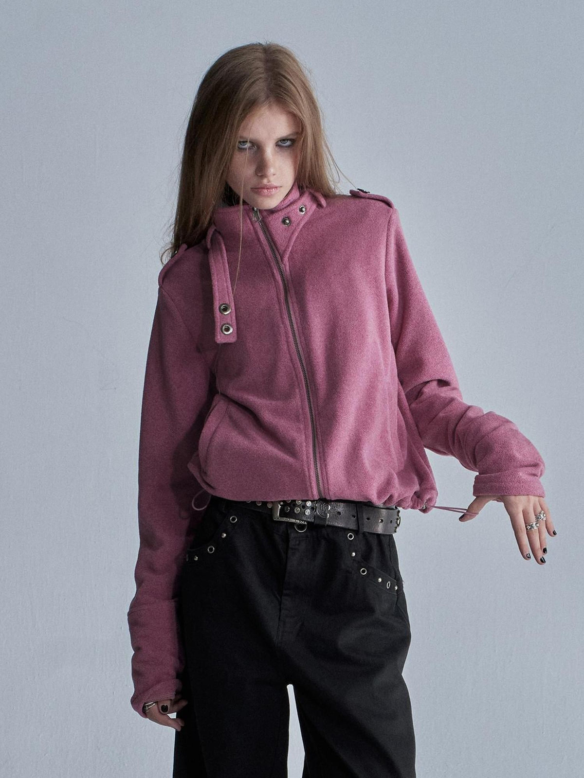 wear And tear Loose Fleece Stand Collar Drawstring Hem Asymmetric Women&