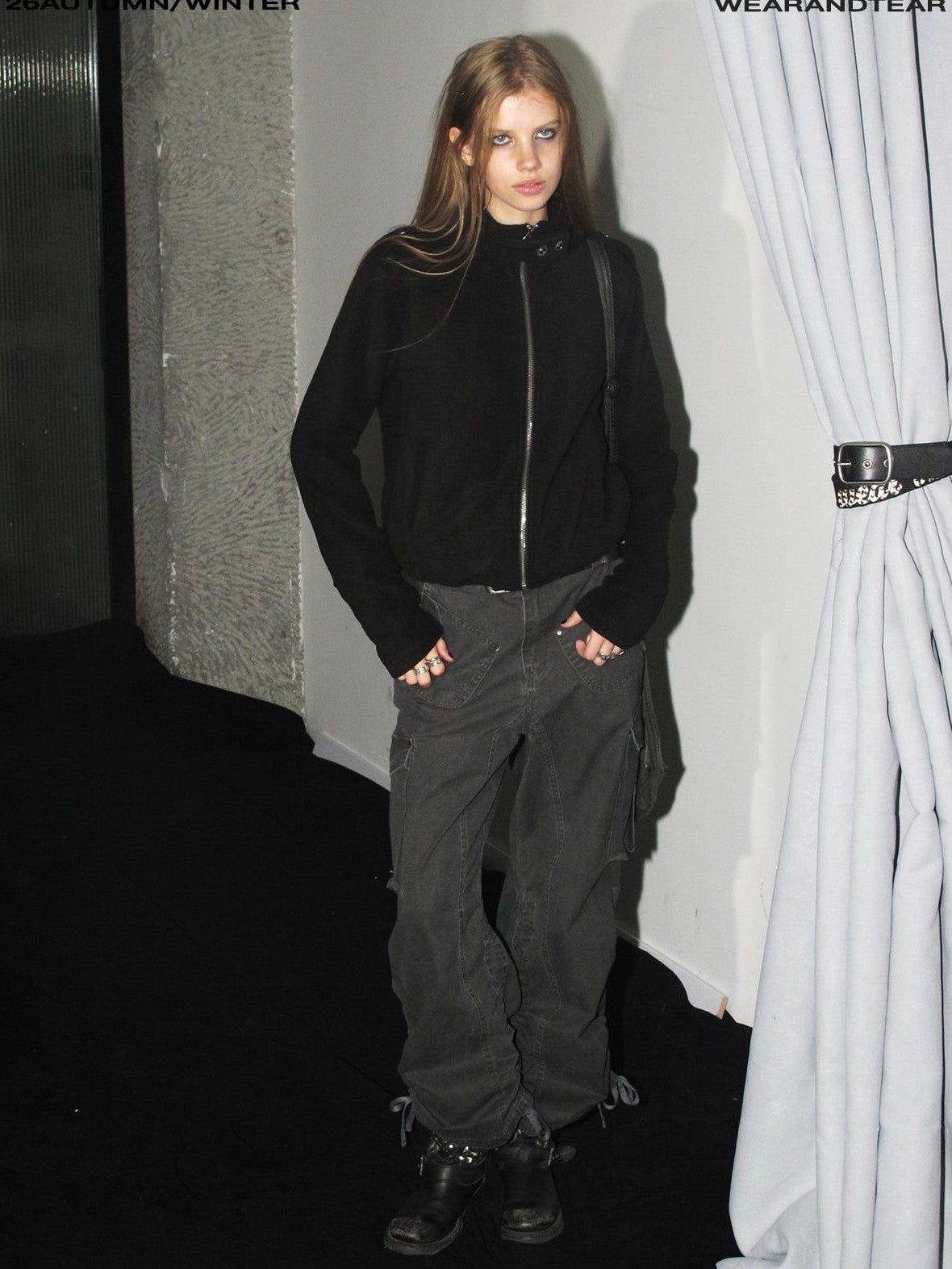 wear And tear Loose Fleece Stand Collar Drawstring Hem Asymmetric Women&