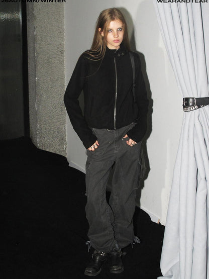 wear And tear Loose Fleece Stand Collar Drawstring Hem Asymmetric Women&