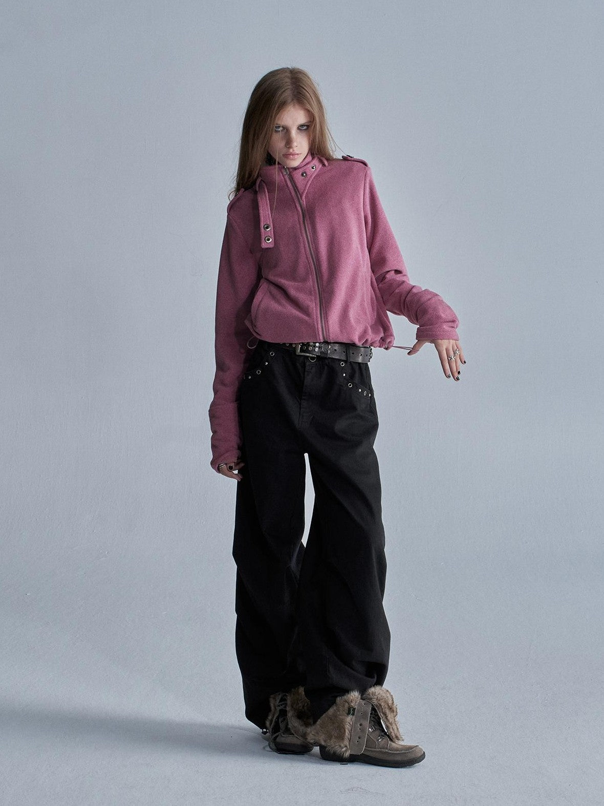 wear And tear Loose Fleece Stand Collar Drawstring Hem Asymmetric Women&