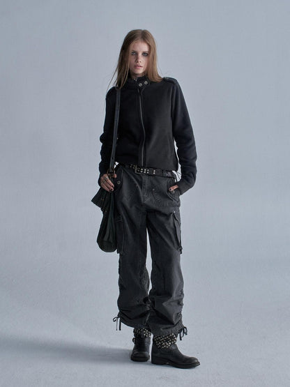 wear And tear Loose Fleece Stand Collar Drawstring Hem Asymmetric Women&