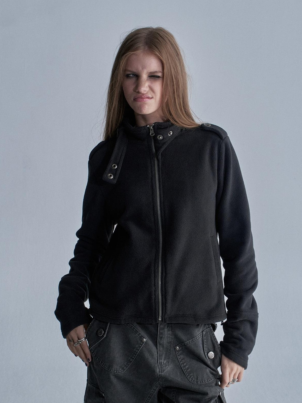 wear And tear Loose Fleece Stand Collar Drawstring Hem Asymmetric Women&