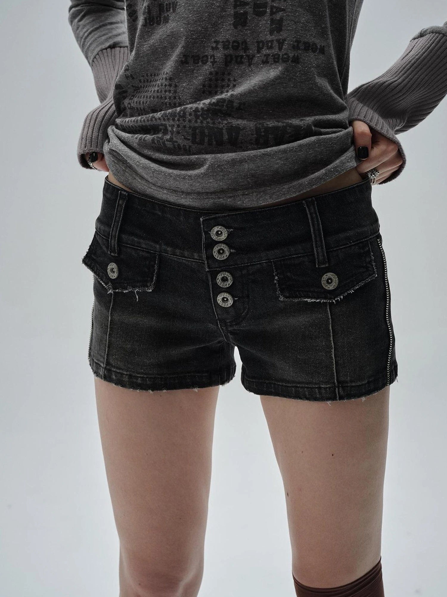 Low Rise Black Washed Ripped Stretch Denim Shorts