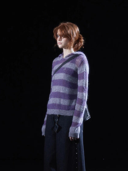 wear And tear Mohair Stripe Hoodie With Openwork Cuffs