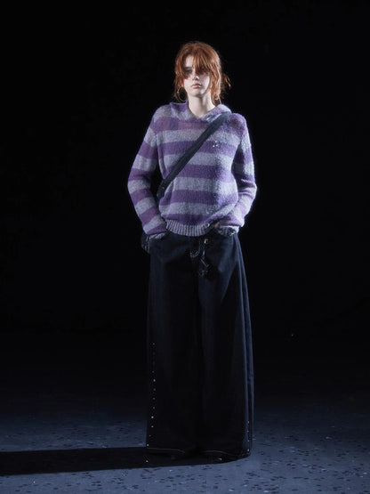 wear And tear Mohair Stripe Hoodie With Openwork Cuffs