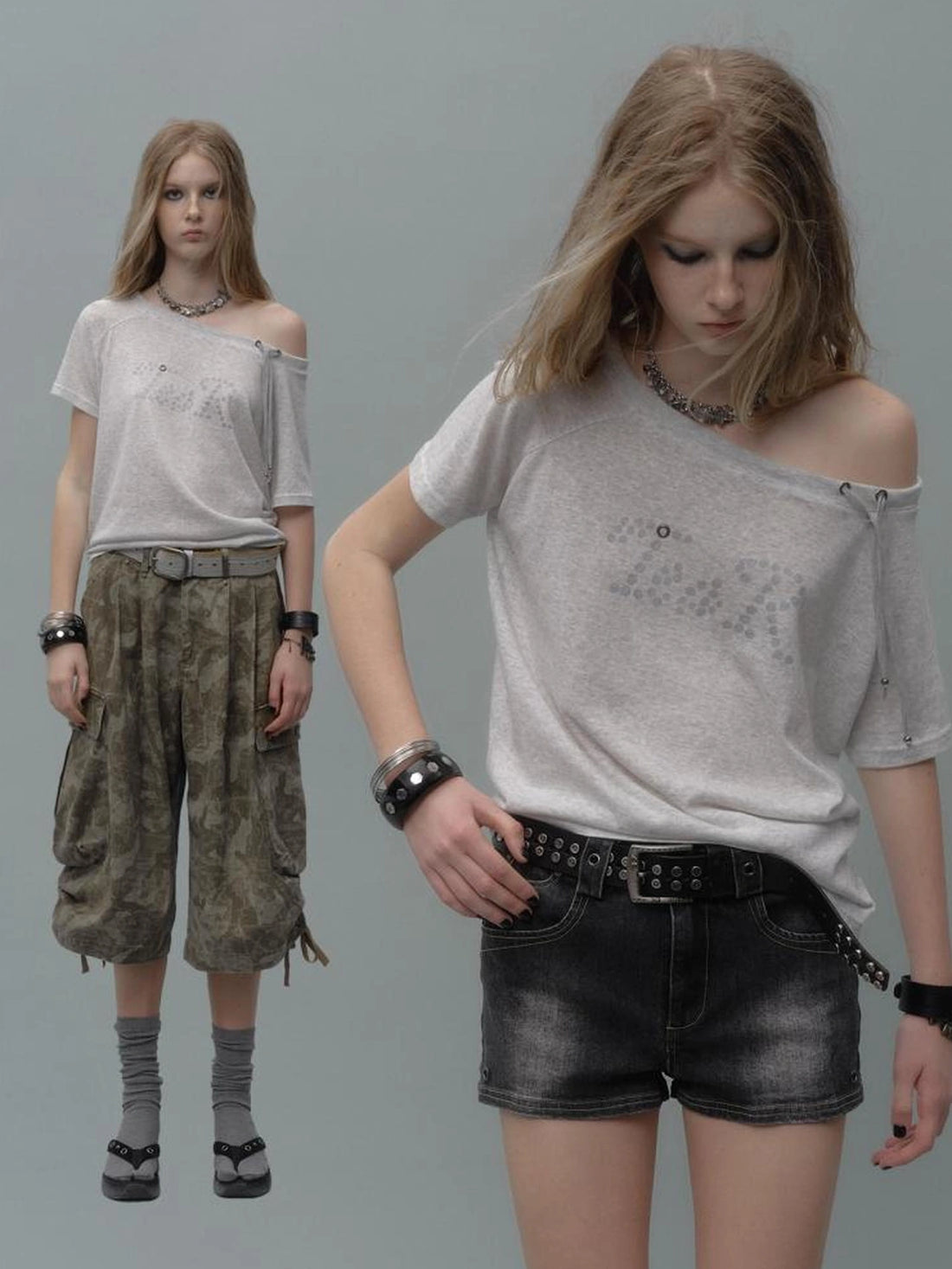 wear And tear Off Shoulder Sliver Dot Print Drawstring T-shirt