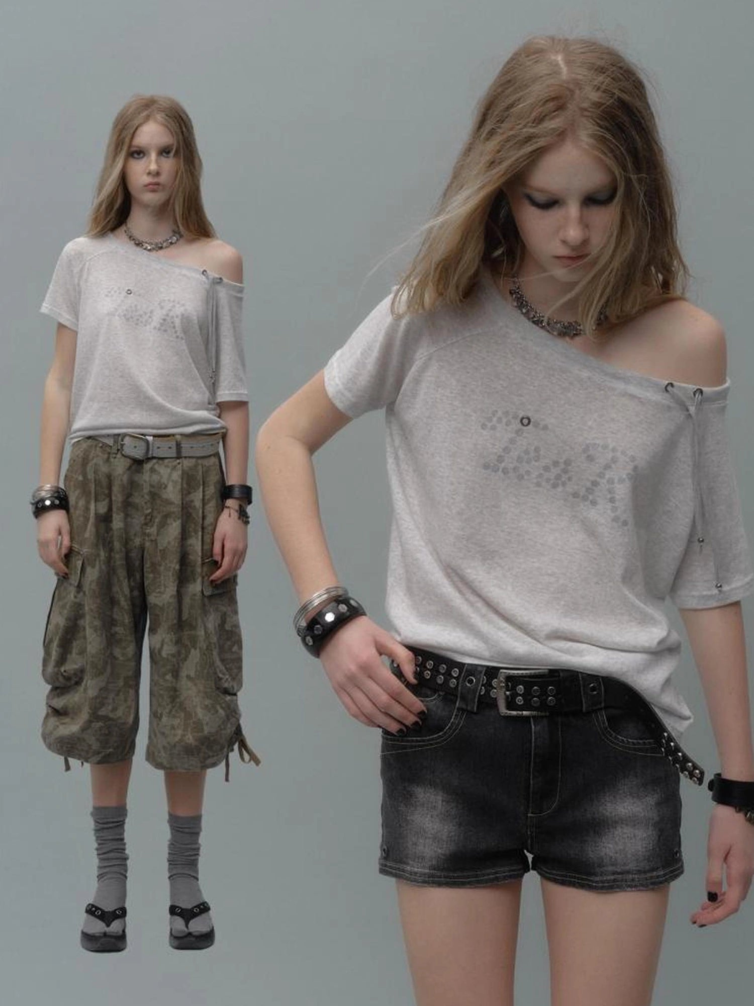 wear And tear Off Shoulder Sliver Dot Print Drawstring T-shirt