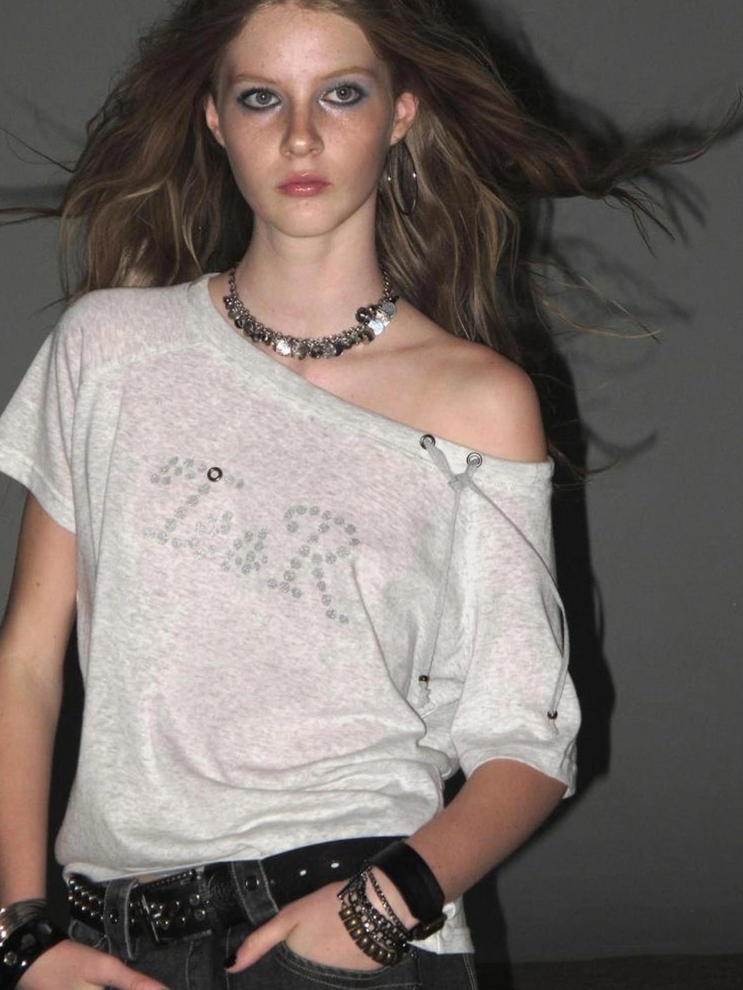 wear And tear Off Shoulder Sliver Dot Print Drawstring T-shirt