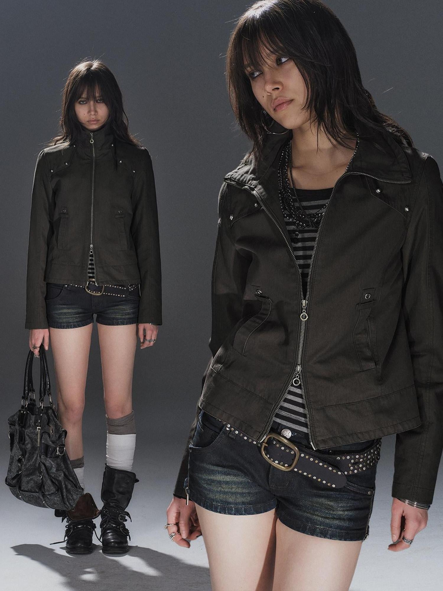 wear And tear Polarized Studded Two Way Zip Stand Collar Slim Women&