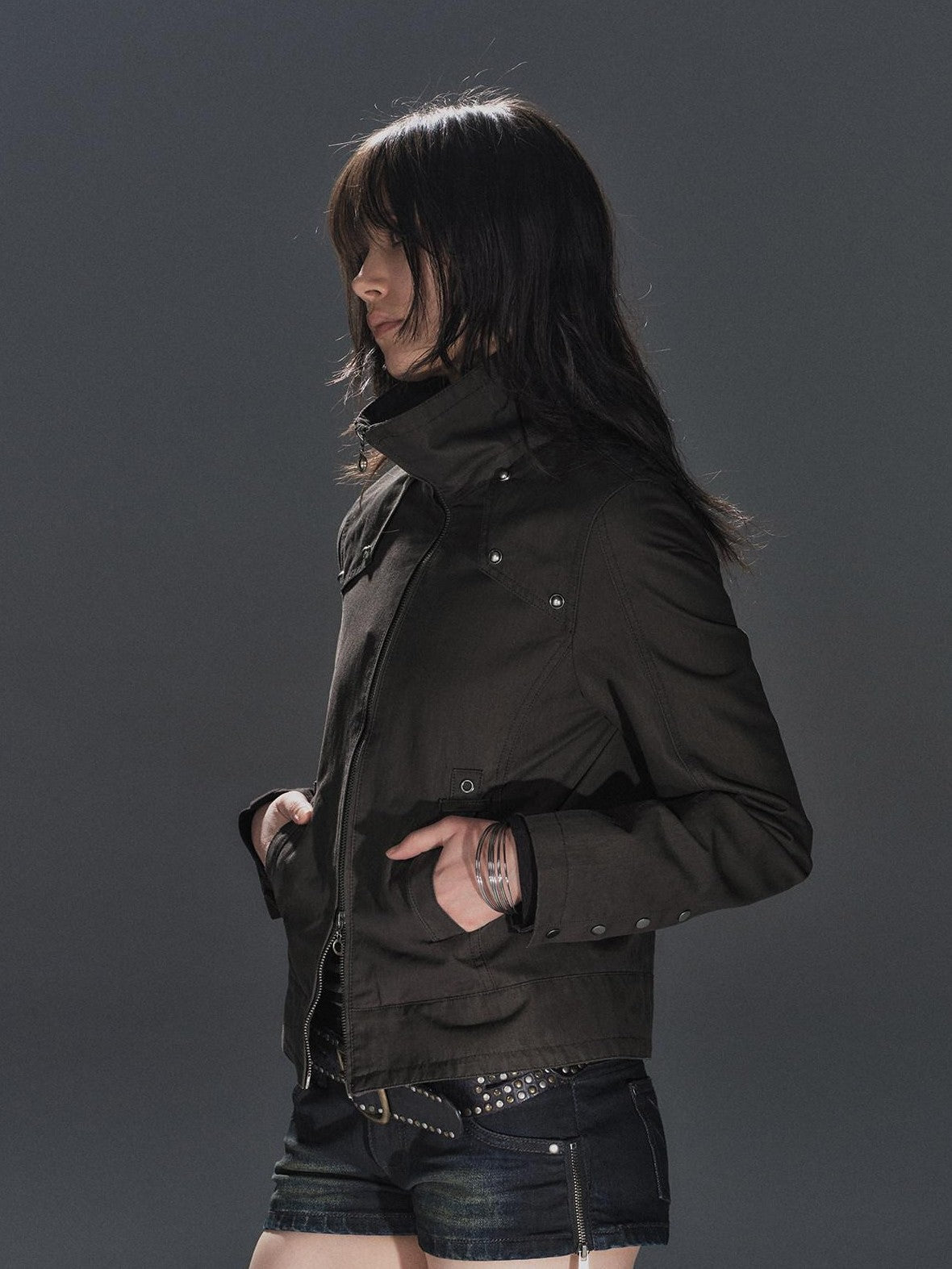 wear And tear Polarized Studded Two Way Zip Stand Collar Slim Women&