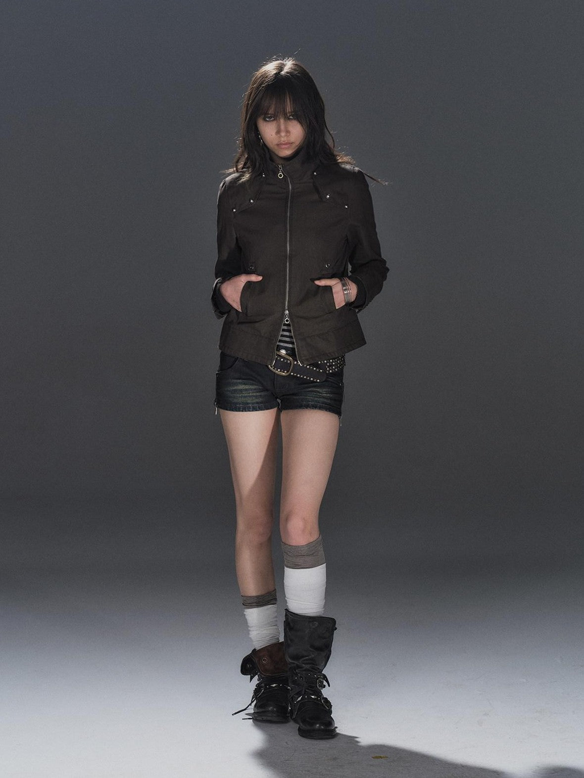 wear And tear Polarized Studded Two Way Zip Stand Collar Slim Women&