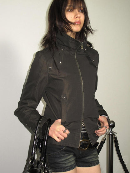 wear And tear Polarized Studded Two Way Zip Stand Collar Slim Women&