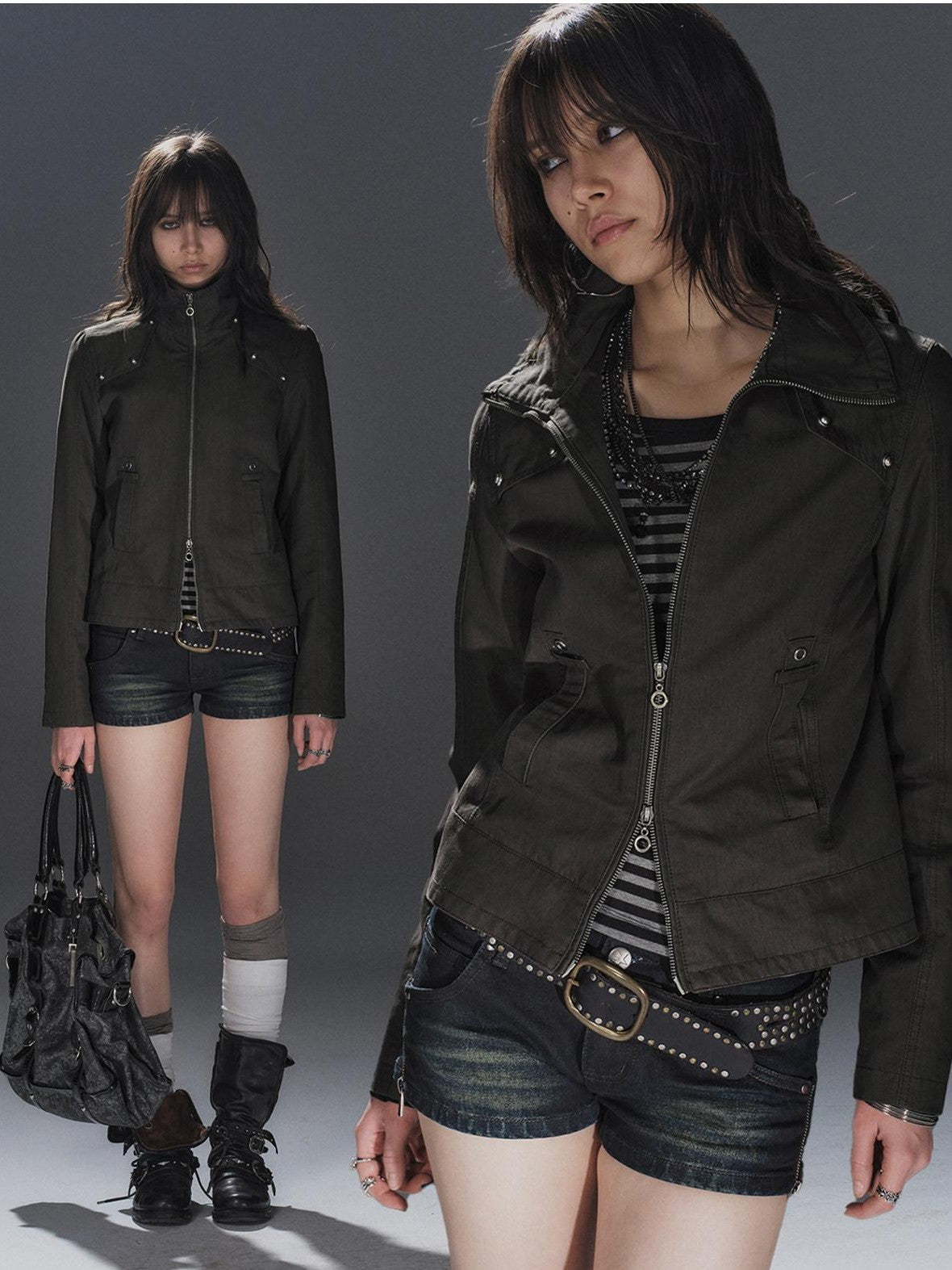 wear And tear Polarized Studded Two Way Zip Stand Collar Slim Women&