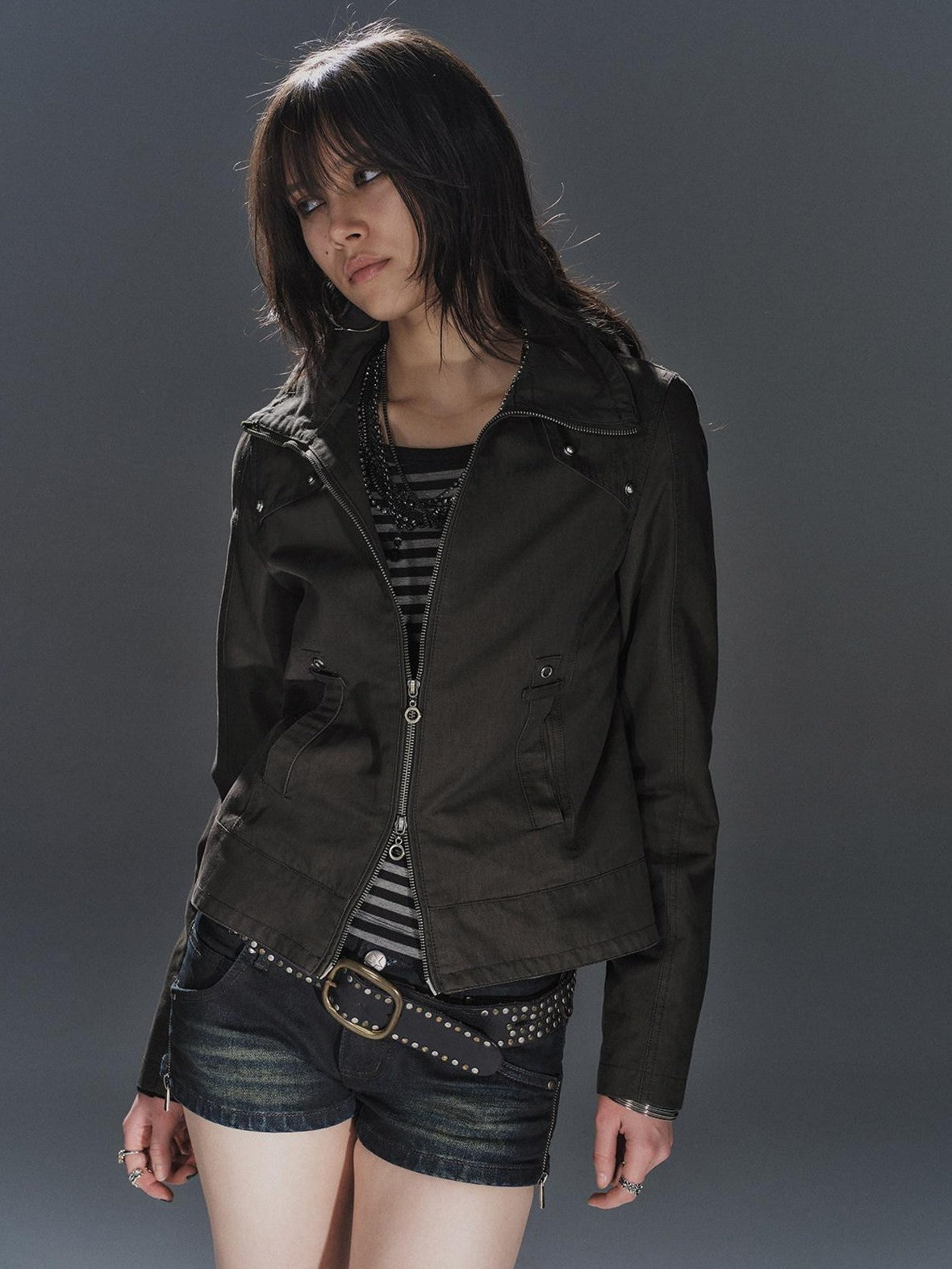 wear And tear Polarized Studded Two Way Zip Stand Collar Slim Women&