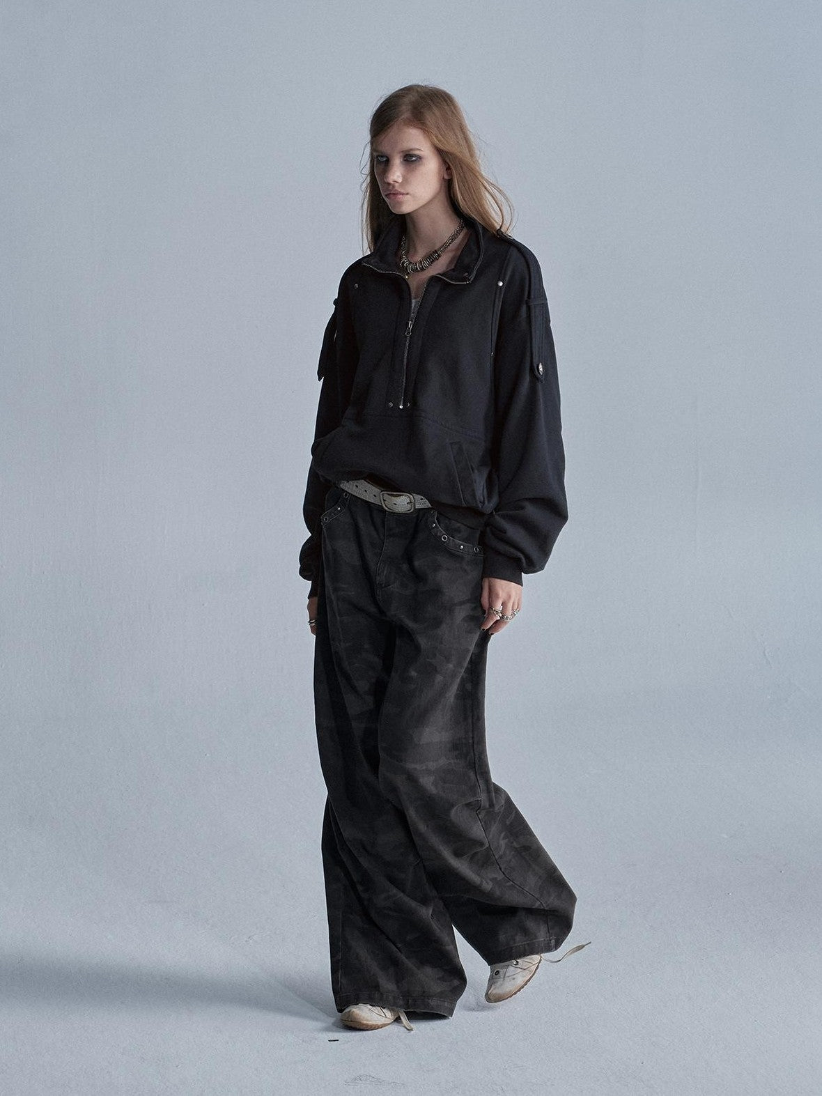 wear And tear Punk Studded Stand Collar Washed Loose Women&
