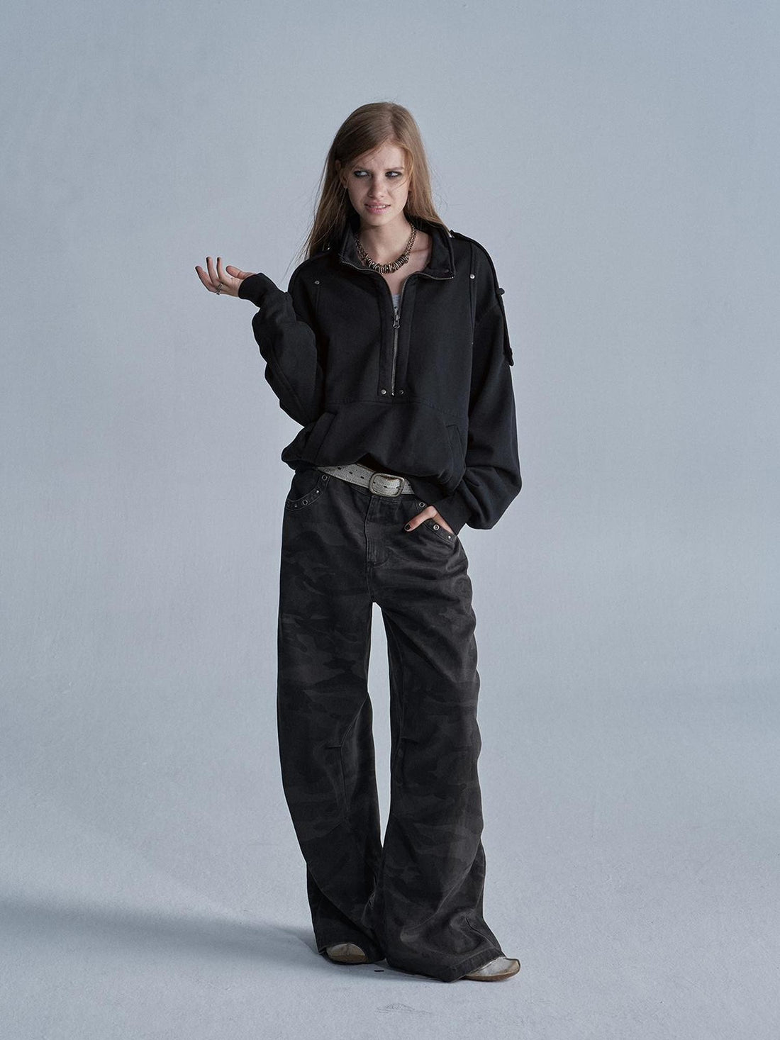 wear And tear Punk Studded Stand Collar Washed Loose Women&