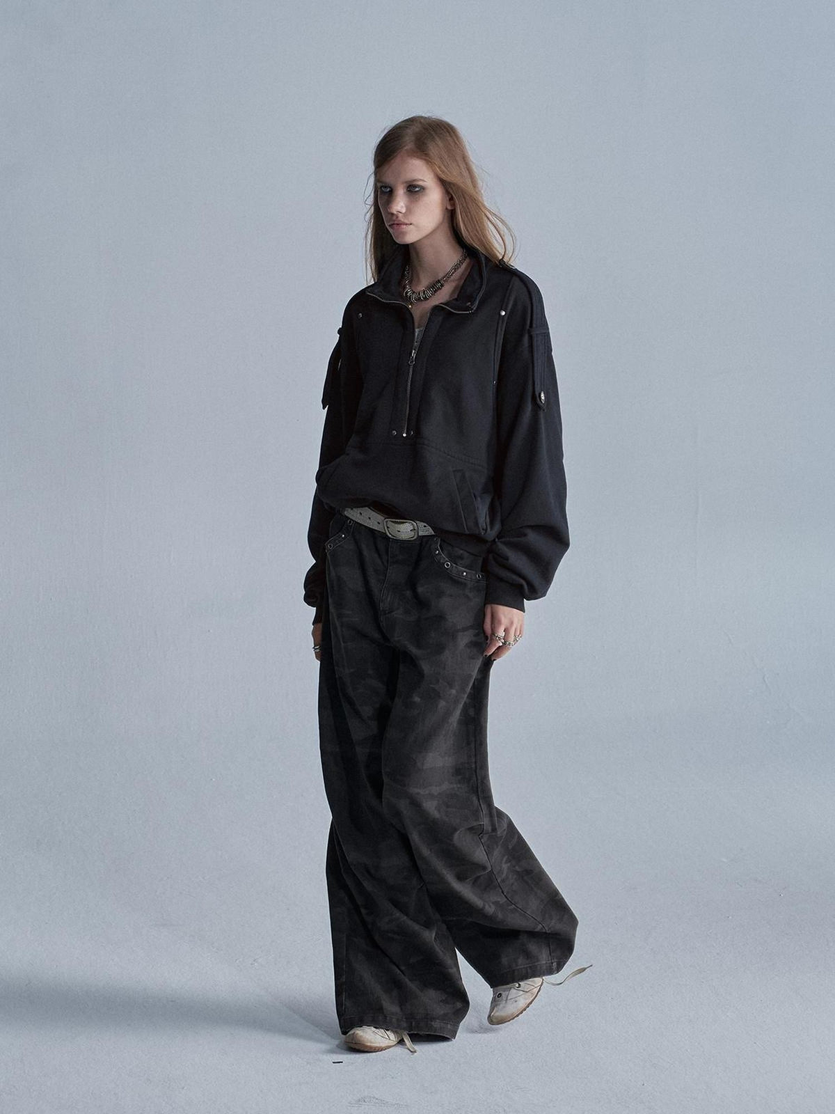 wear And tear Punk Studded Stand Collar Washed Loose Women&
