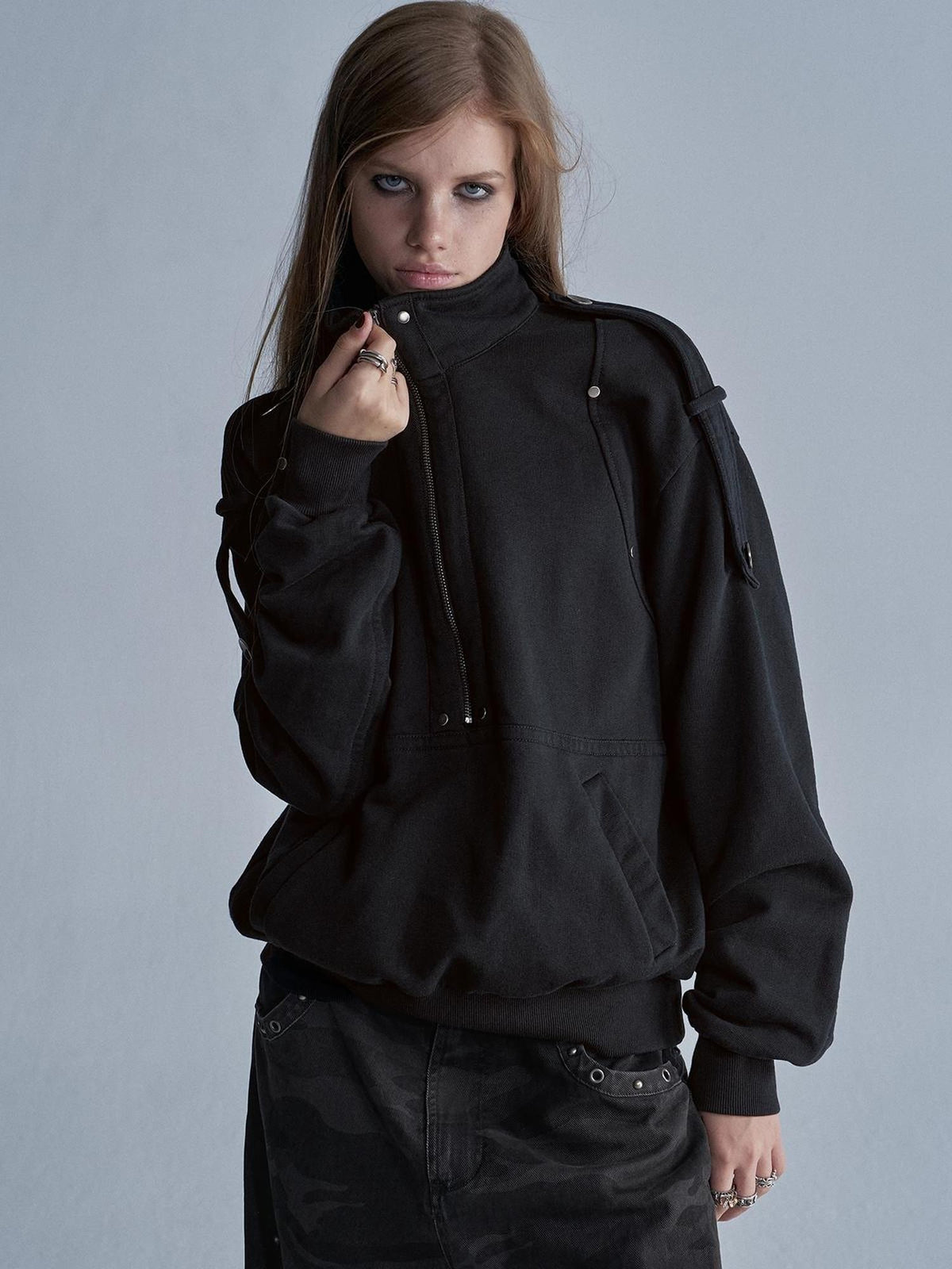 wear And tear Punk Studded Stand Collar Washed Loose Women&
