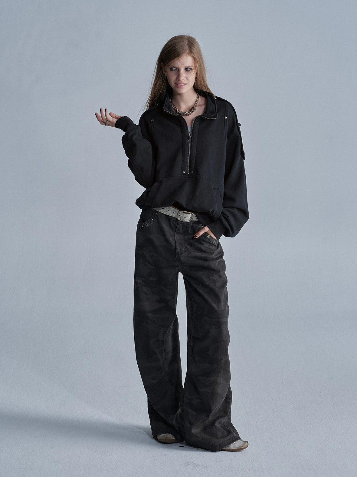 wear And tear Punk Studded Stand Collar Washed Loose Women&