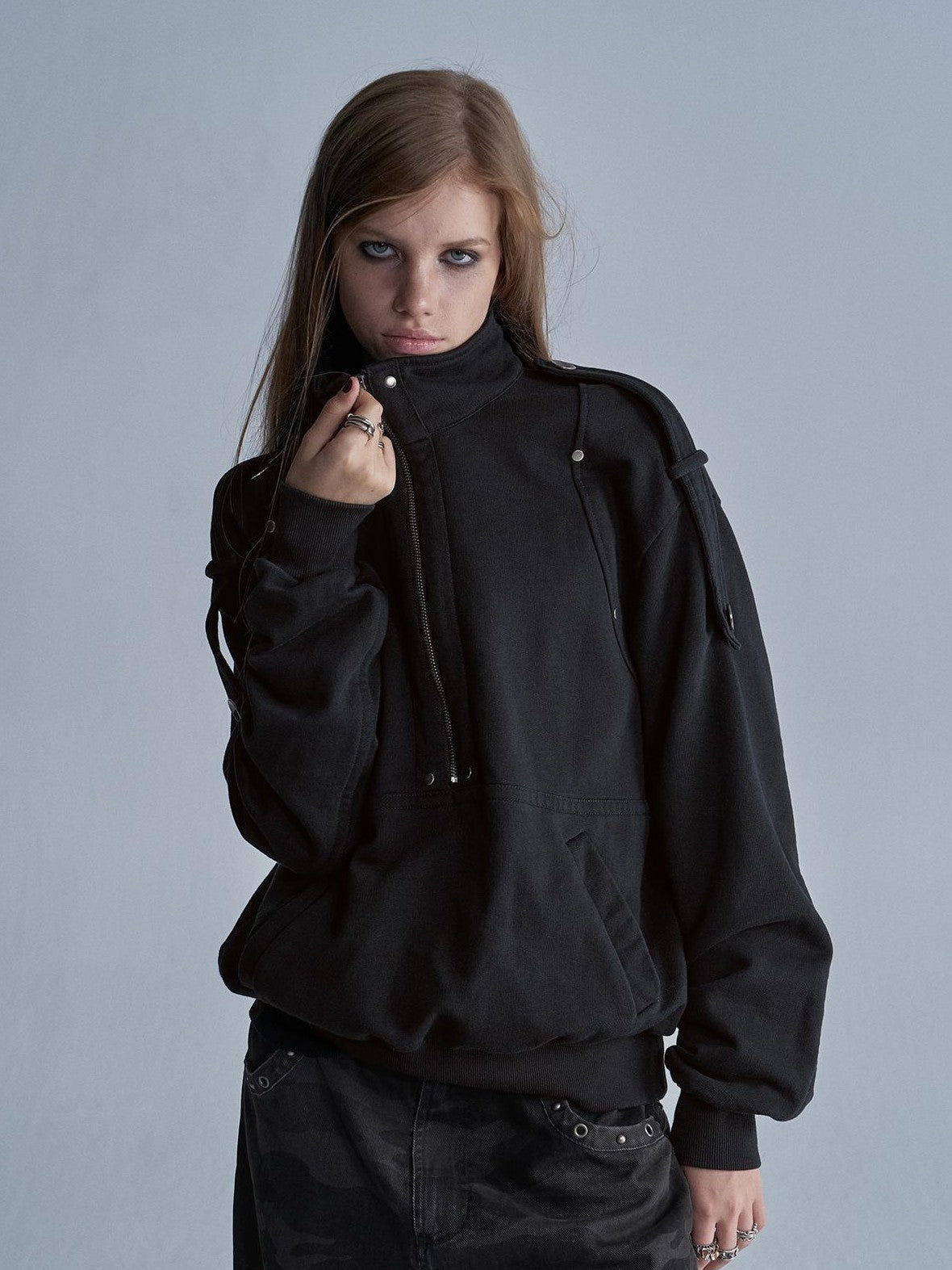 wear And tear Punk Studded Stand Collar Washed Loose Women&