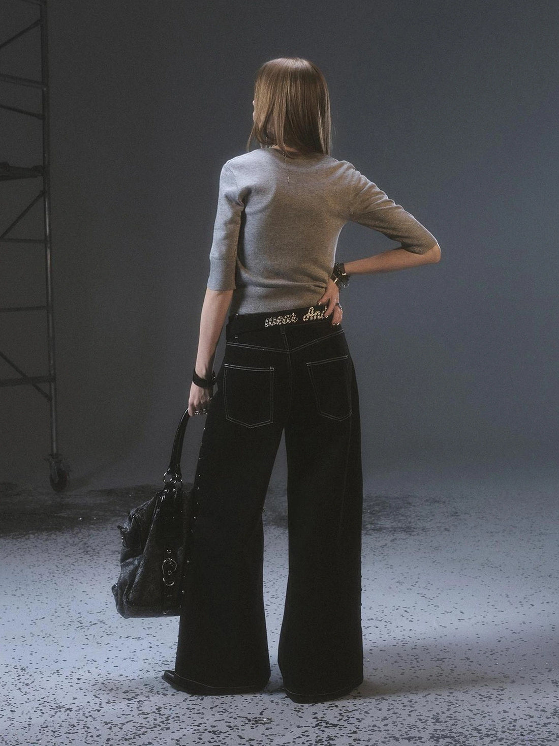 wear And tear Punk Studded Wide Leg Denim Pants