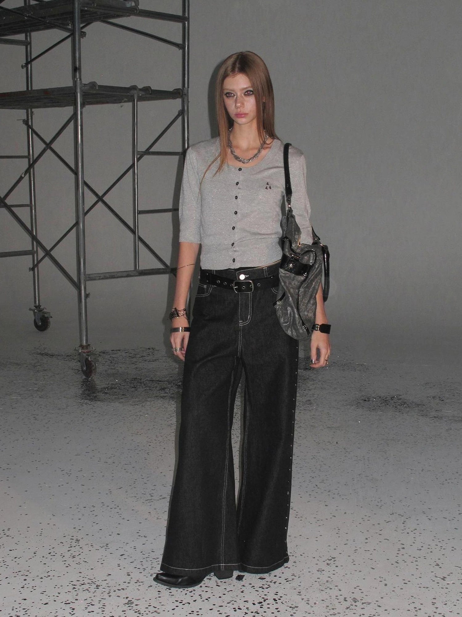 wear And tear Punk Studded Wide Leg Denim Pants