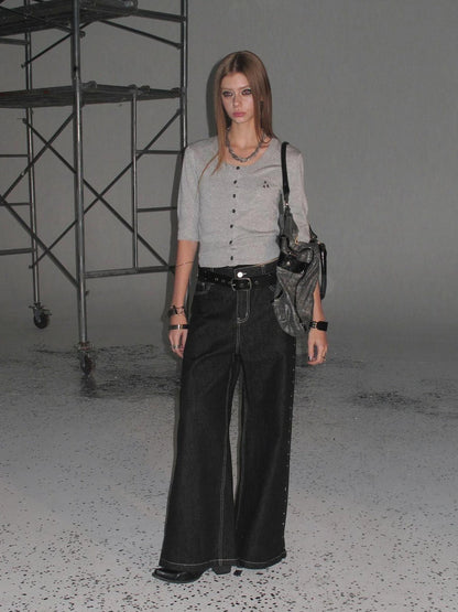 wear And tear Punk Studded Wide Leg Denim Pants