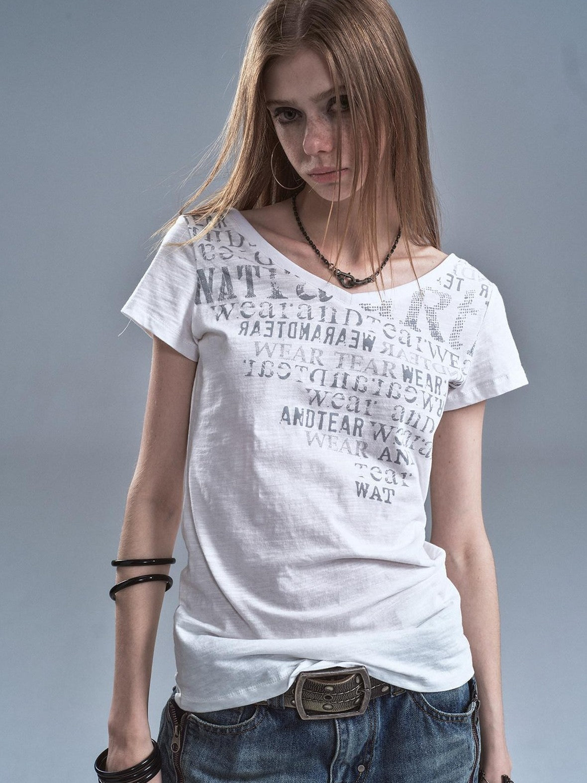 wear And tear Reversible Letter Print Slub Sheer Slim Women&